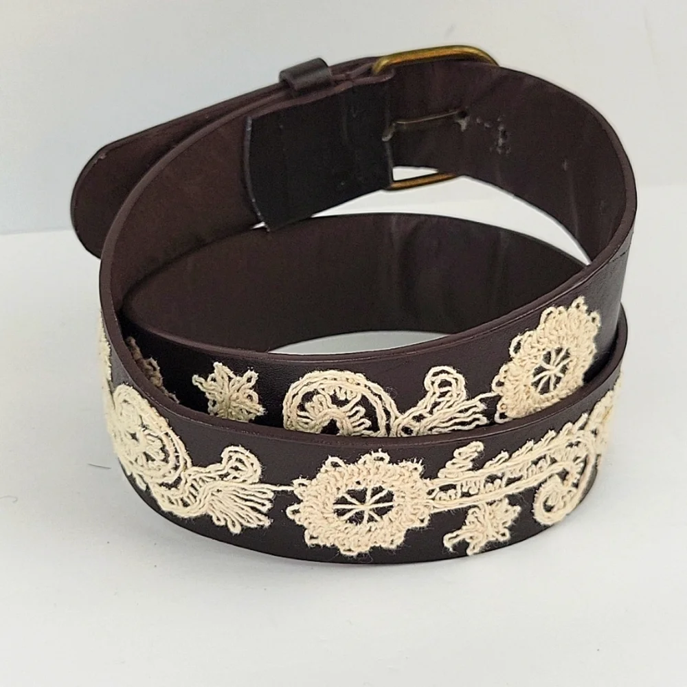 Boho Chic Crochet Embroidered Belt Black Size 32 - Picture 4 of 10